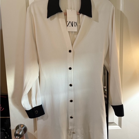 Zara White Black Buttoned Long Sleeve Shirt Dress - Picture 5 of 5